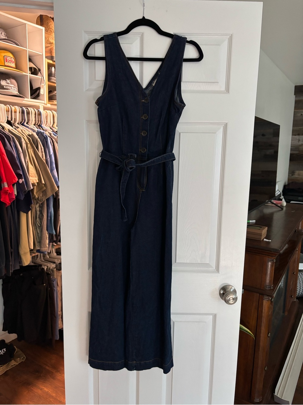 Universal Thread Dark Blue Denim Sleeveless Jumpsuit with Tie Belt